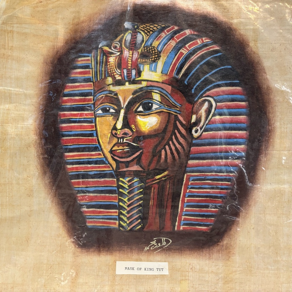 Vintage Egyptian Papyrus Art – Mask‎ of King Tut – Museum Exhibit Souvenir 1990s